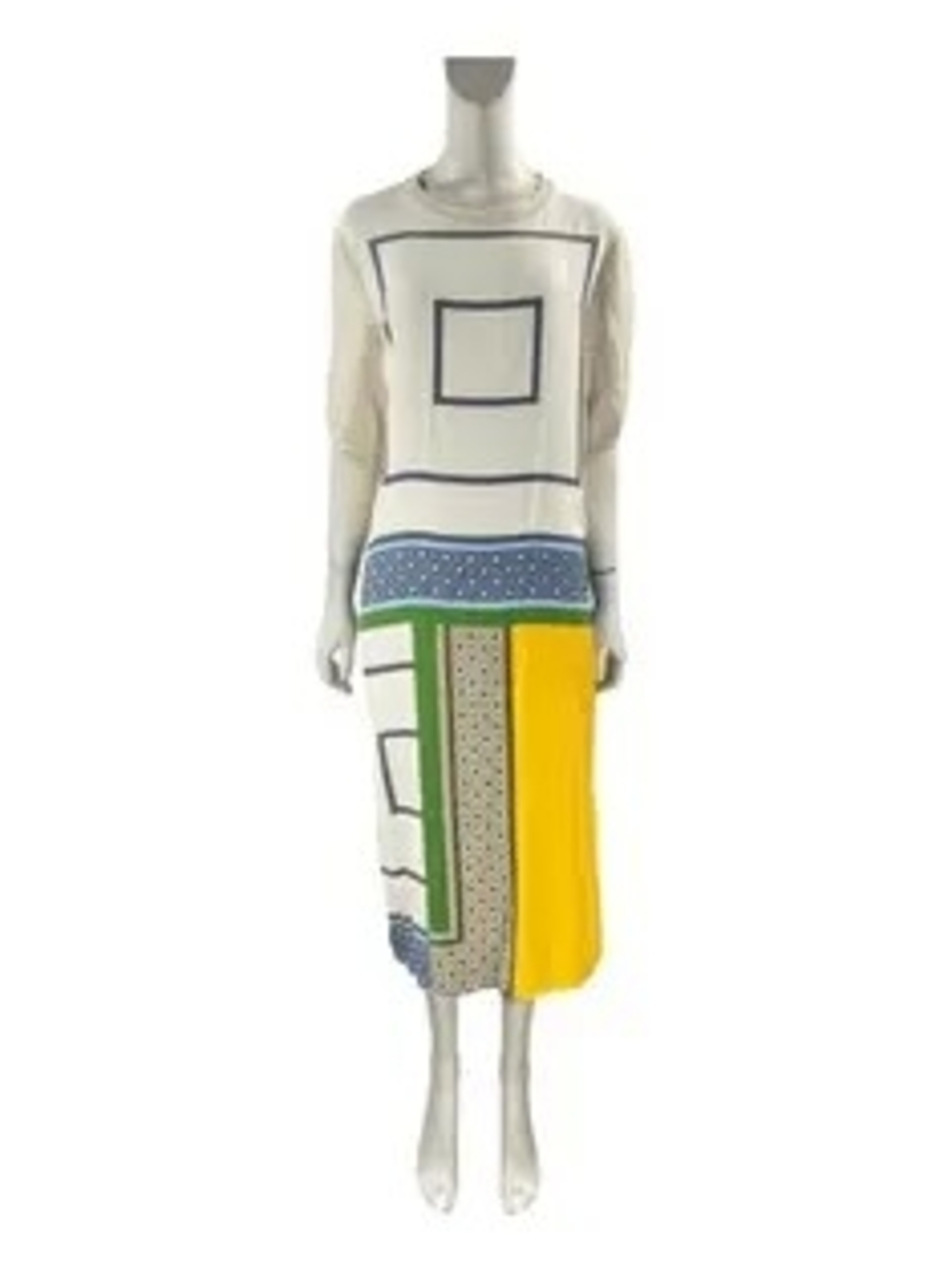 Contemporary Colorblock Midi Dress in Ivory, Yellow & Green